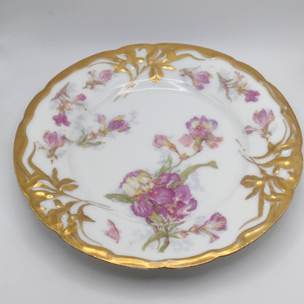 Vintage Porcelain Floral Plate, Gold Trim